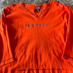Harley-Davidson Women’s Size Large 3/4 Sleeve Shirt Orange With Black Lettering